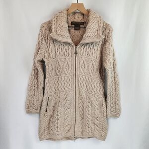 Inis Crafts Women's Wool Fisherman Zip Up Cardigan Sweater Size M